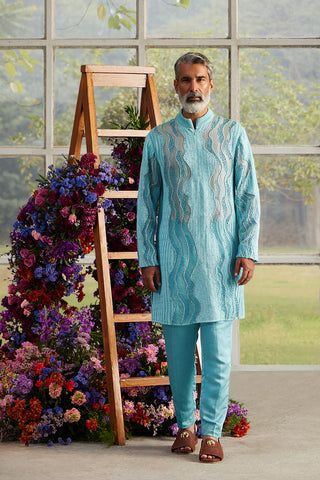 Azure Swirlled Knit Kurta with Pants