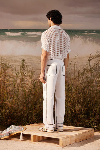 Shivan & Narresh White Handpainted Denim; Saun Print; White Color; Men's Denim Trouser; Men's Resort Wear;