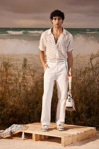 Shivan & Narresh White Handpainted Denim; Saun Print; White Color; Men's Denim Trouser; Men's Resort Wear;