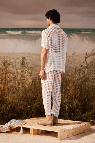 Shivan & Narresh White Mesh Trousers; Saun Print; White color; Men's Trousers; Men's Resort Wear