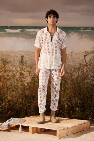 Shivan & Narresh White Mesh Trousers; Saun Print; White color; Men's Trousers; Men's Resort Wear