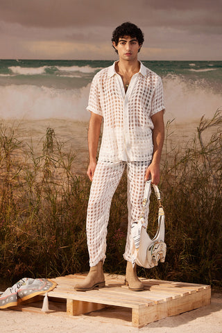 Shivan & Narresh White Mesh Shirt; Saun Print; White Color; Men's Resort Wear; Men's Shirt