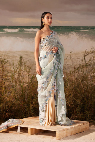 Shivan & Narresh Blue Embroidered Sari; Multicolor; Saun Print; Women Ethnic Wear; Pre-draped Sari