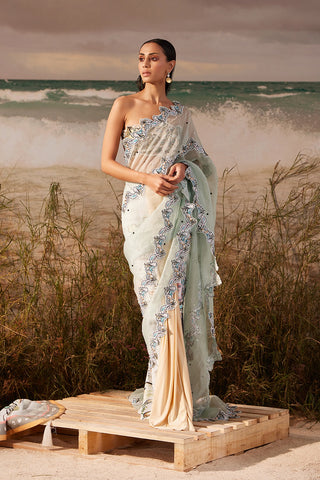 Shivan & Narresh Blue Embroidered Sari; Multicolor; Saun Print; Women Ethnic Wear; Pre-draped Sari