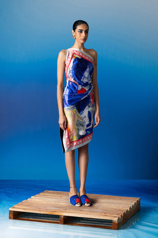 Shivan & Narresh Foxfires Silk Dress; Foxfires Print; Multicolor; Women Resort Wear; One-Shoulder Dress;