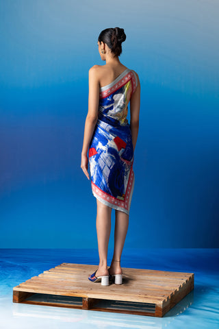 Shivan & Narresh Foxfires Silk Dress; Foxfires Print; Multicolor; Women Resort Wear; One-Shoulder Dress;