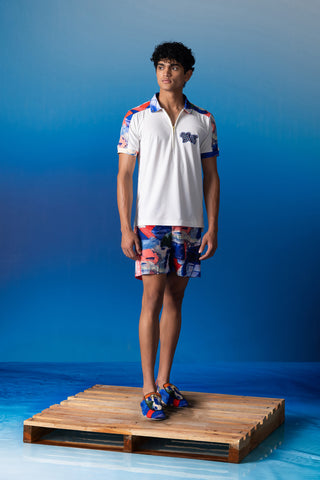 Shivan & Narresh Foxfires & White Zipper Polo; Foxfires Print; Multicolor; Men's Resort wear; Men's Polo