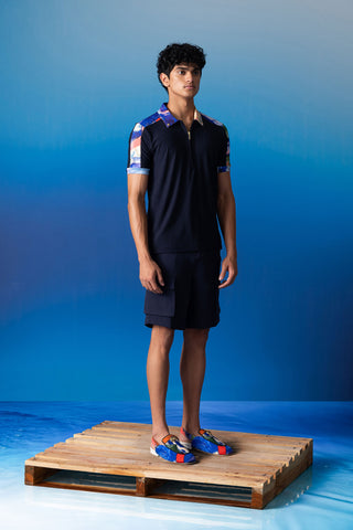 Shivan & Narresh Foxfires & Blue Zipper Polo; Foxfires Print; Multicolor; Men's Resort wear; Men's Polo