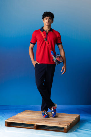 Shivan & Narresh Red & Blue Polo; Foxfires Print; Multicolor; Men's Resort wear; Men's Polo; Men's T-shirt