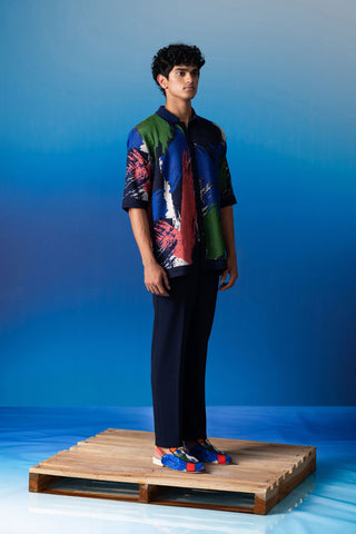 Shivan & Narresh Blue Resort Trouser; Foxfires Print; Blue color; Men's Resort Wear; Men's Trousers;