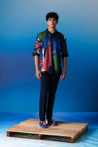 Shivan & Narresh Blue Resort Trouser; Foxfires Print; Blue color; Men's Resort Wear; Men's Trousers;