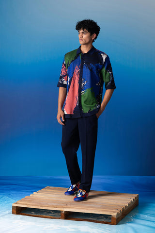 Shivan & Narresh Blue Resort Trouser; Foxfires Print; Blue color; Men's Resort Wear; Men's Trousers;