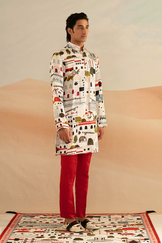 Shivan and Narresh Jaiscape Red & White Kurta Set; Printed Kurta Set; Multicolor;