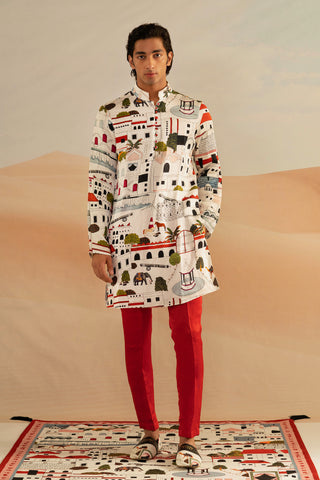 Shivan and Narresh Jaiscape Red & White Kurta Set; Printed Kurta Set; Multicolor;