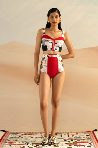 Shivan and Narresh Jaiscape Red & White High Waist Bikini; Multicolor; Printed Bikini; 