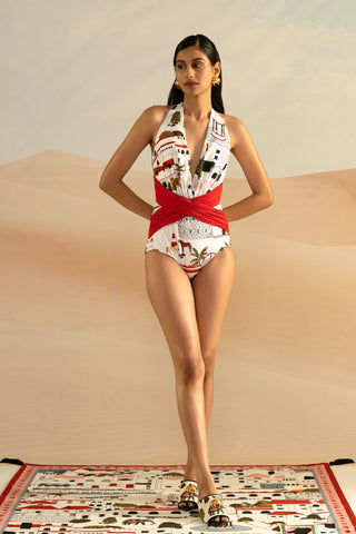 Shivan and Narresh Jaiscape Red & White Draped Maillot; Multicolour;